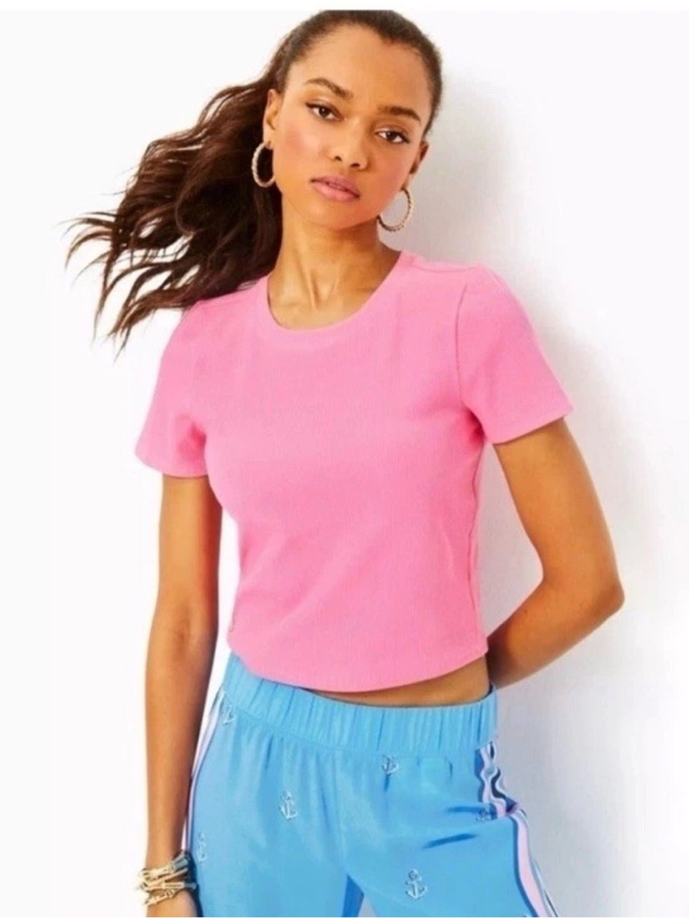 Lilly Pulitzer Minnie Ribbed Pink Short Sleeve Cropped Crewneck Top size xl